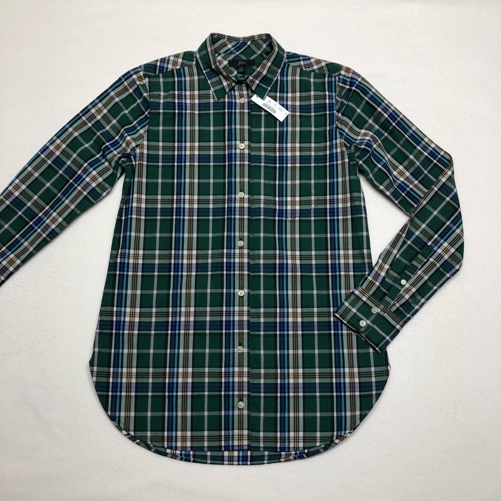 J Crew Shirt XS Womens Button Up Plaid Long Sleeve Blouse Green Casual Cotton